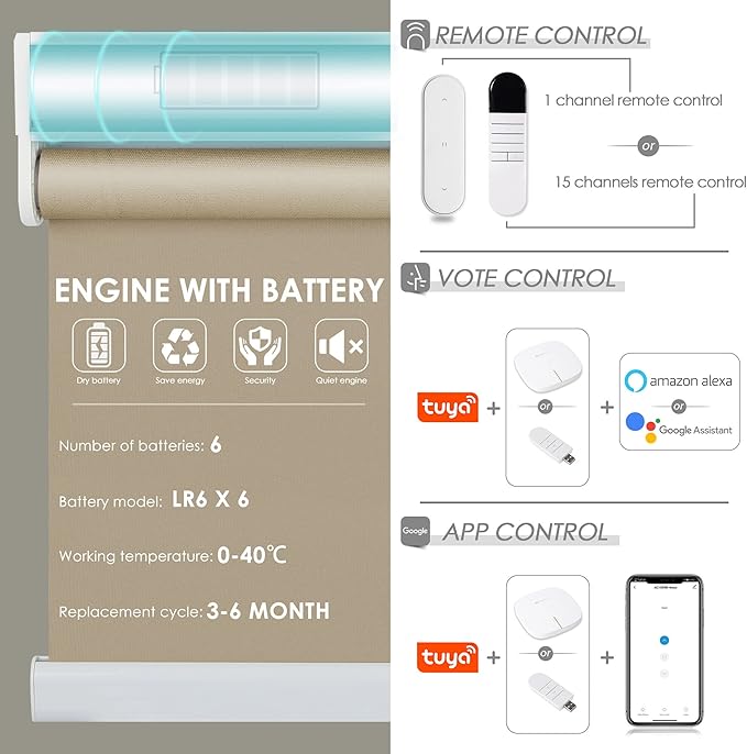 Allesin Motorized Roller Shade Compatible with Alexa for Window, 70% Blackout Smart Shades Cordless with Remote Control, Electric Automated Blinds for Window, Customized Size, Dry Battery(Grey Beige)