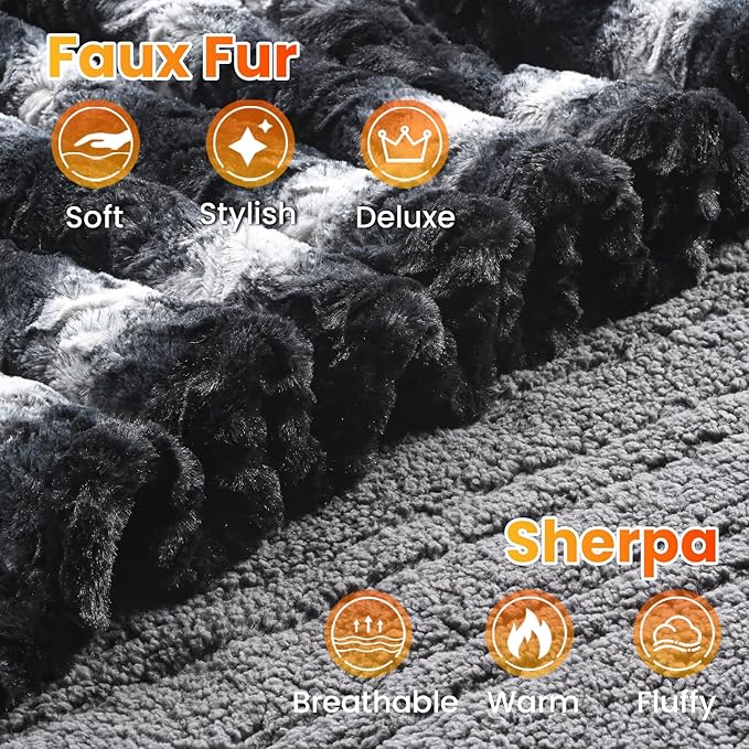WOOMER Heated Blanket Queen Size 84" x 90", Electric Blanket with Dual Controls, 0.5-12 Hours Timer & 10 Heating Levels, ETL Certified, Black Grey Flowers Patterns Faux Fur & Sherpa, Machine Washable