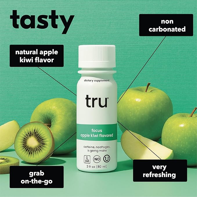 Tru Focus Shots, Nootropic Energy Drink with Yerba Mate, L Theanine & Natural Caffeine, Vegan Wellness Shot with Zero Sugar & Calories, Gluten Free, Keto Friendly, Apple Kiwi Flavor, 2 FL OZ, 12 Pack