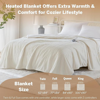 Serta Heated Blanket, Electric Twin Size Blanket, Soft, Warm, Fuzzy Heating Blanket Twin for Office, Couch, 1-12 hr Auto Shut Off Timer, 10 Lv Heat Setting, ETL Certified, Twin 62" x 84" Ivory
