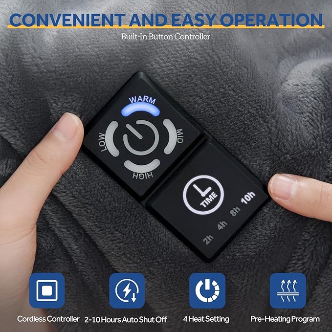 Sealy Heated Blanket Throw with Built-in Button Controller, Reversible Flannel to Sherpa Electric Blanket with 2-10 Hours Auto-Off & 4 Heating Levels, Over-Heat Protection, 50x60 inch, Charcoal