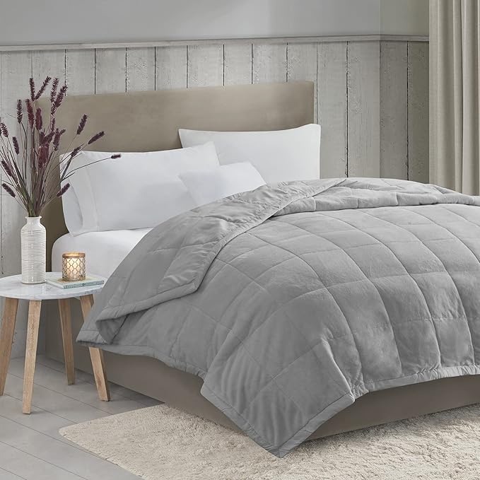 Madison Park King Cozy Blanket HeiQ Smart Temperature Plush to Microfiber Reverse Box Quilting, Reversible, Soft All Season, Lightweight Summer Cover, for Bed, Couch and Sofa, King, Grey