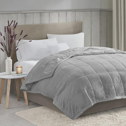 Madison Park King Cozy Blanket HeiQ Smart Temperature Plush to Microfiber Reverse Box Quilting, Reversible, Soft All Season, Lightweight Summer Cover, for Bed, Couch and Sofa, King, Grey