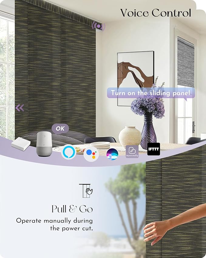 Graywind Rechargeable Smart Sliding Panels Compatible with Alexa Google Motorized Panel Track Blinds Remote Control for Patio Sliding Door Closet Door Width Up to 177" Custom Size (Truffle)