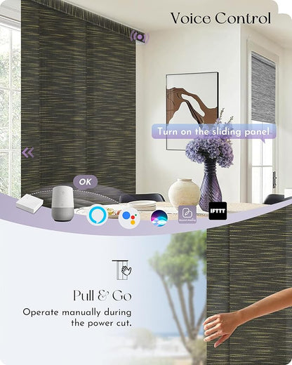 Graywind Rechargeable Smart Sliding Panels Compatible with Alexa Google Motorized Panel Track Blinds Remote Control for Patio Sliding Door Closet Door Width Up to 177" Custom Size (Truffle)