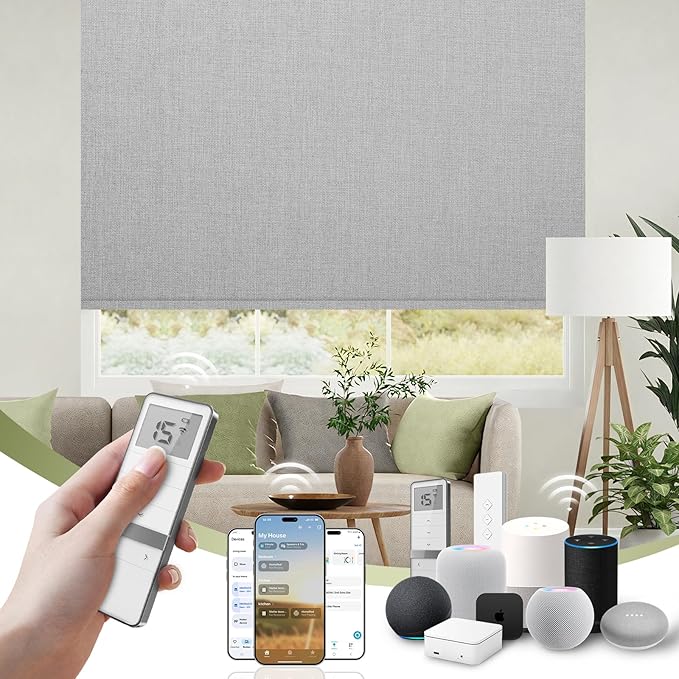 FineTell Motorized Blinds with Remote, 100% Blackout Roller Shades Compatible with Alexa,Apple Homekit,Google Home APP and Voice Control, Customized Electric Blinds (100% Blackout Dual Sided Grey)