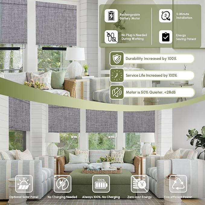 FineTell Motorized Blinds with Remote, 100% Blackout Roller Shades Work with Alexa,Apple Homekit,Google Home APP and Voice Control, Customized Electric Blinds (100% Blackout Dual Sided Dark Grey)
