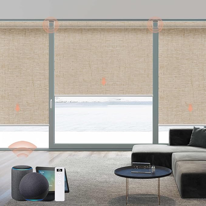 Motorized Blinds Roller Shade with Remote: Canisteo Automatic Smart Blind for Windows 100% Blackout, Electric Blinds Compatible with Alexa/Google Home/Apple Homekit, Customized Size,Linen Caramel
