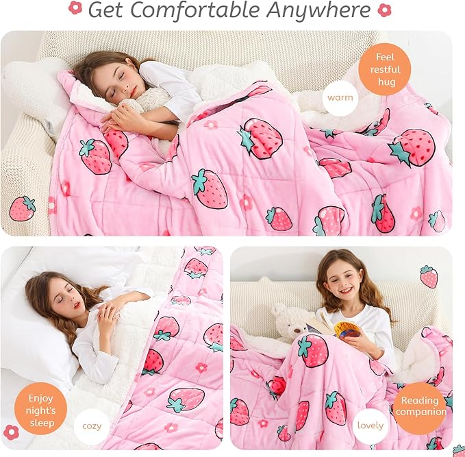 Weighted Blanket 7 pounds Twin Size 41"x 60",Soft Sherpa Fleece Heavy Blanket for Sleeping Perfect for 60-90lbs, Cute Strawberry Pink Weighted Blanket for Bed or Couch
