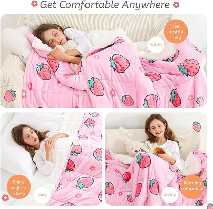 Aemicion Weighted Blanket 10 pounds Twin Size 48"x 72",Soft Sherpa Fleece Heavy Blanket for Sleeping Perfect for 80-110lbs, Cute Strawberry Pink Weighted Blanket for Bed or Couch