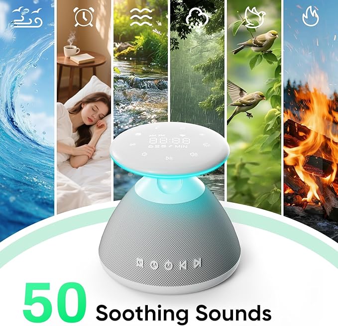 White Noise Sound Machine for Sleeping, 50 Non-Looping Soothing Sounds, 7 Color Night Light with Adjustable Brightness, Timer & Alarm Clock, Touch Screen Control for Baby, Kids, Adults, Home
