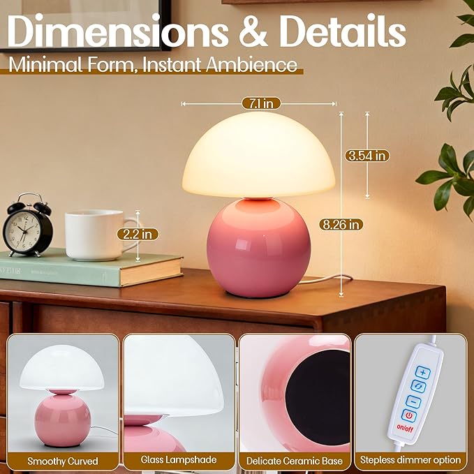 Small Mushroom Lamp,USB-Plug in Bedside Table Lamps with 3-Temperature LED Bulb Dimmable,Unique Cute Aesthetic Home Decor for Living Room,Bedroom, Modern Ceramic Base Glass Lamp(Pink)