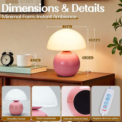 Small Mushroom Lamp,USB-Plug in Bedside Table Lamps with 3-Temperature LED Bulb Dimmable,Unique Cute Aesthetic Home Decor for Living Room,Bedroom, Modern Ceramic Base Glass Lamp(Pink)
