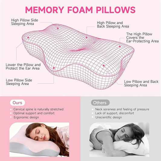 Ergonomic Neck Pillow for Sleeping, Breathable Snoring Memory Foam Pillows, Sleep Apnea Pillows for Neck Correcting/Cozy Rest/Deep Sleep/Fibromyalgia Pillow [Pink]
