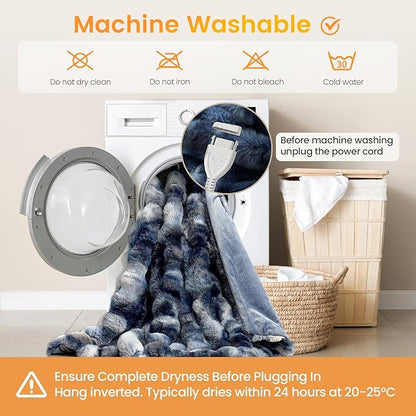 Amélie Home Heated Bubble Faux Fur Blanket Electric - 50"x60" Heating Blanket Throw 2/4/6/8 Hours Auto-Off 8 Heat Level Over-Heat Protection Electric ETL Certification Tie-dye Blue