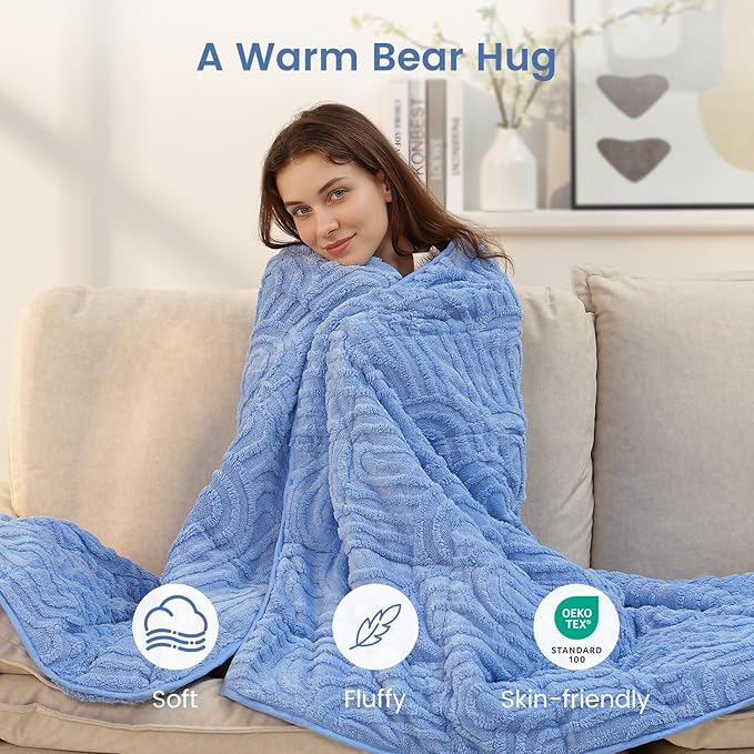 Sherpa Fleece Adult Weighted Blanket Great for Sleep, 15 lbs Dual Sided Soft Fuzzy Heavy Blankets for Couch Bed Sofa, Cozy Warm Fluffy Arched Jacquard Throw for Winter (Blue, 48" x 72", 15 Pounds)