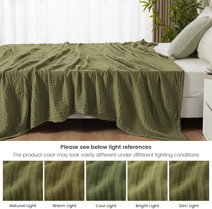 PHF Cooling Muslin King Blanket for Hot Sleepers, 60% Viscose from Bamboo, 40% Cotton and 4-Layer Breathable Gauze Blanket for Bed Couch, 108"x90", Olive Green