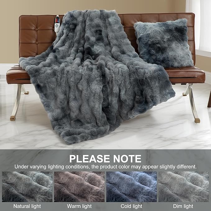Faux Fur Electric Throw Blanket for Couch - 50"X60" Bubble Faux Fur Heated Blanket Fluffy Fuzzy Soft Thick with 6 Fast Heating Levels & 4 hrs Timer Settings, Washable & ETL Certified, Tie-Dye Blue