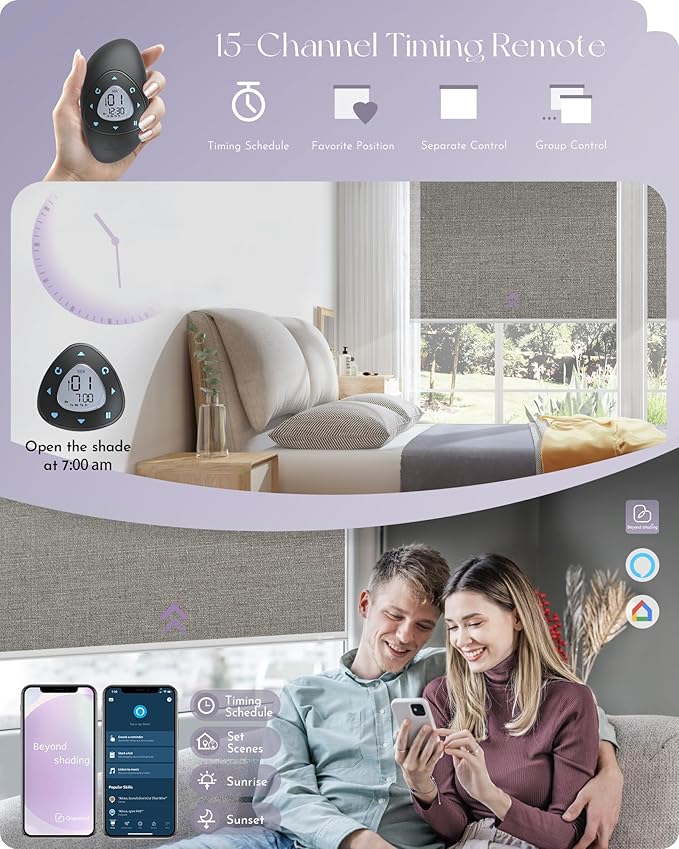 Graywind Motorized 100% Blackout Roller Shades Compatible with Alexa Google via Hub Window Blinds Remote Control Rechargeable Battery Motor with Valance for Smart Home and Office (Grey Brown)