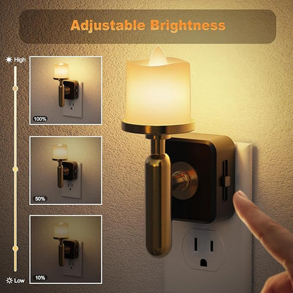 JandCase Candle Night Light, 2 Pack Night Lights Plug into Wall, 3000K Soft White, 0-100LM Adjustable Brightness, Dusk to Dawn Sensor NIghtlight for Dinning Room, Living Room, Bathroom, Hallway