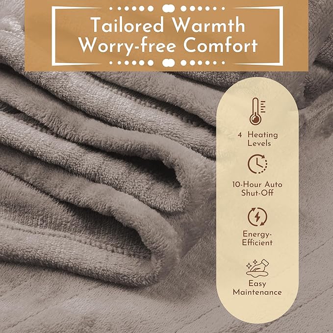Electric Heated Blanket 72"x84" Full Size Flannel Heated Blanket, Cozy & Warm for All Night, 4 Heat Settings & 10 Hours Auto Off, Machine Washable, Linen