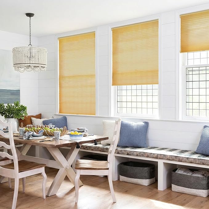 LazBlinds Cordless Cellular Shades, No Tools No Drill Light Filtering Honeycomb Shades Pleated Blinds for Windows, 29'' W x 64'' H, Yellowish-Brown