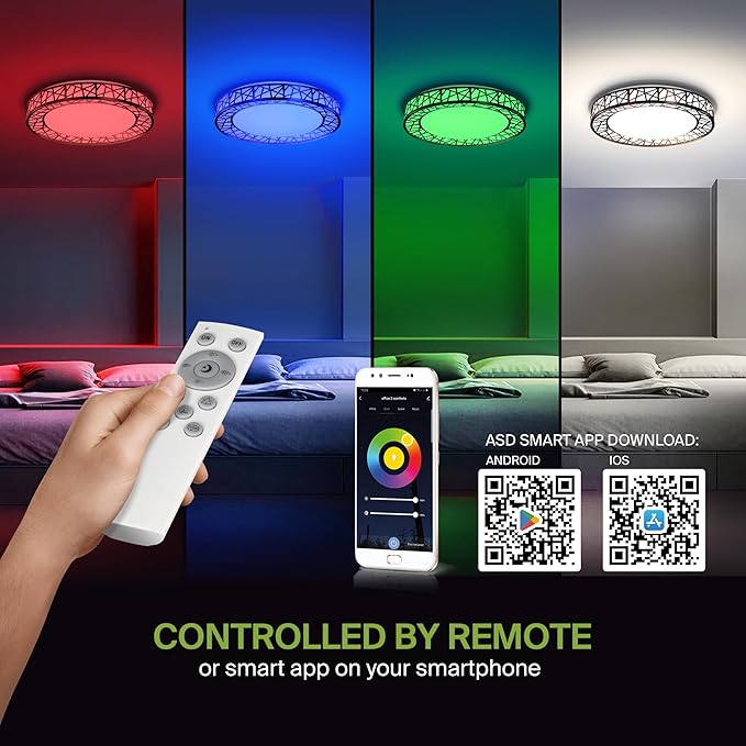 ASD 16 Inch Smart RGBW Flush Mount Ceiling Light with Remote - Matte Black 28W 120V 2700-6500K Dimmable Ceiling Light Fixture, WiFi App Control RGB Lights, Alexa & Google Assistant - ETL, 4 Pack
