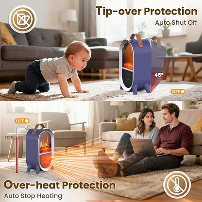 Portable Electric Fireplace Heater, 1500W/750W Mini Space Heater for Indoor Use with 3D Flame, Thermostat, Carry Handle, Overheat & Tipover Protection, for Home Office Bedroom Desk, Blue