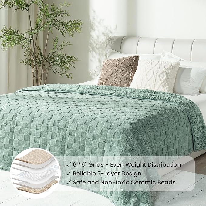 Drewin Adult Weighted Blankets 20lbs, Cozy Fluffy Jacquard Checkered Sherpa Weighted Blankets Queen Size 60 x 80 inches, Soft Winter Heavy Blanket for Couch Bed, Ceramic Beads, Sage Green