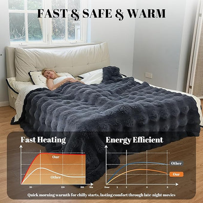 IUUI Electric Heated Blanket Queen 84''x90'',Luxury Faux Rabbit Fur Heating Throw Blankets,Fast Heating with 1/2/4/6/8/10 Hours,Overheat Protection, Quick Heating, Memory Function, Gift-Ready Design
