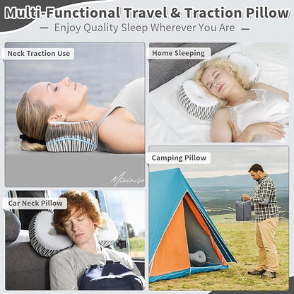 Neck Support Pillow, Cervical Neck Roll Memory Foam Pillow, Cervical Traction Device, Neck Pillow for Side Sleepers, Camping & Travel Pillow with Portable Bag