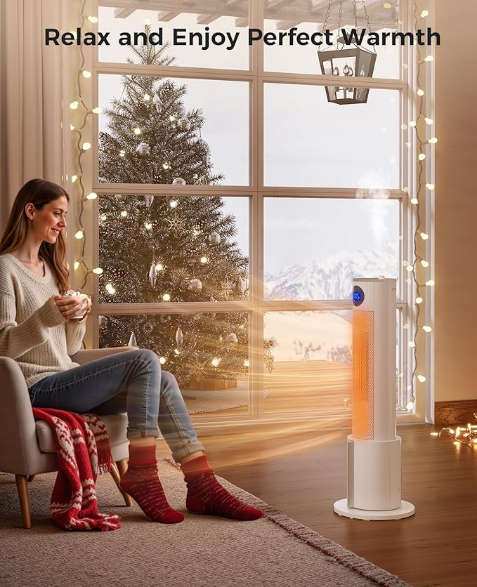 Space Heaters for Indoor Use - Portable Tower Heater with Humidifier, Remote, Adjustable Thermostat, 3 Heat Modes, Multiple Safety Protection, 12H Timer, Quiet Electric Heater for Bedroom