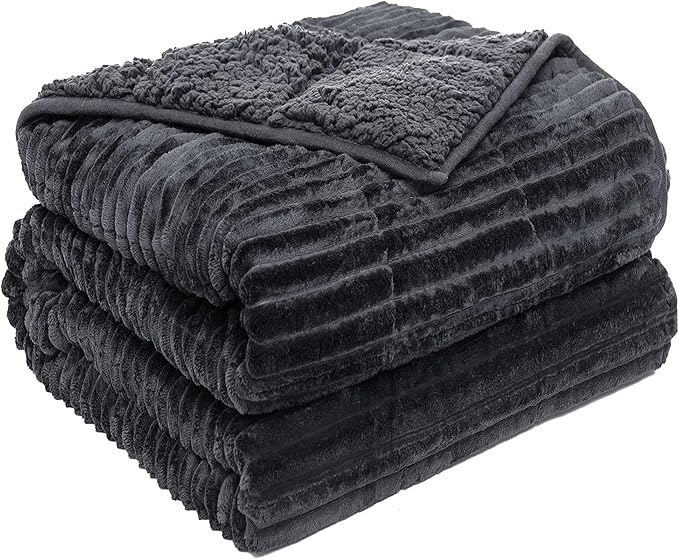 Sherpa Fleece Weighted Blanket with Ribbed Stripes for Adults, 15 lbs Dual Sided Cozy Warm Blanket for Couch Full Size Bed, Ceramic Beads Heavy Thick Blankets Great for Sleep, Dark Grey, 60" x 80"