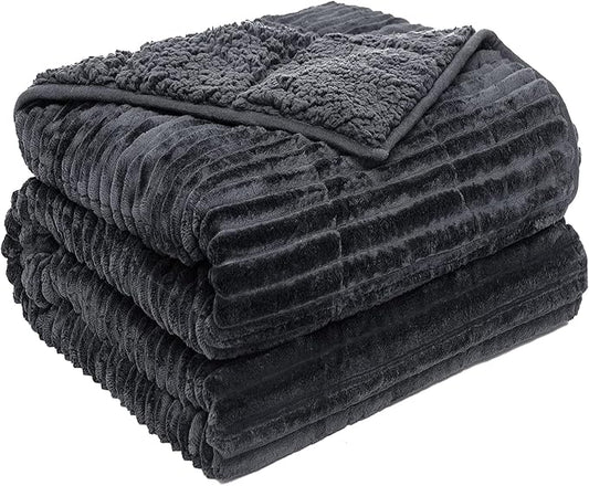 Sherpa Fleece Weighted Blanket with Ribbed Stripes for Adults, 15 lbs Dual Sided Cozy Warm Blanket for Couch Full Size Bed, Ceramic Beads Heavy Thick Blankets Great for Sleep, Dark Grey, 60" x 80"