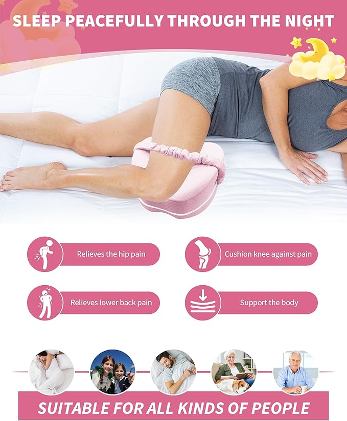 SPRING SEAON Knee Support Pillow for Side Sleepers – Deep Contour Memory Foam Leg Pillow with Adjustable Strap for Sciatica, Hip, Back & Knee Pain Relief – Breathable, Washable Cover, Pink