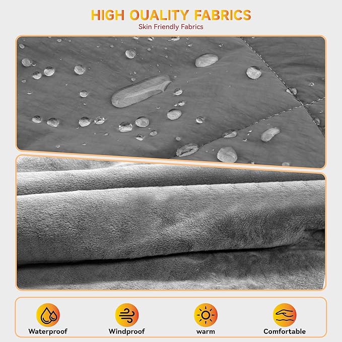 Heated Blanket Outdoors, Battery Operated Heated Throw with 10000mAh Power Bank, 2-in-1 Blanket & Shawl for Camping, Hiking, Stadium Events & Travel, Cordless USB Heated Blanket-Grey