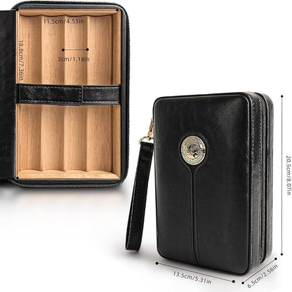 Portable Cigar Humidor Travel Case, Leather & Wood Cigar Box with Humidifier for 6 Cigars, Ideal for Travel and Desktop Storage, Compact and Durable Design (black)