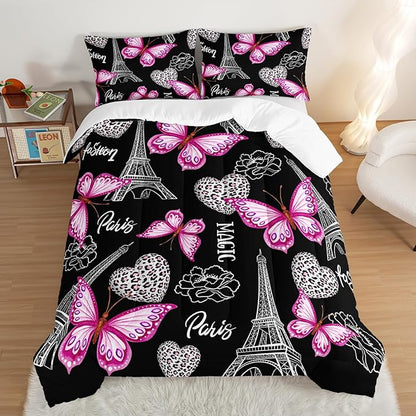 Pink Butterfly Comforter King Bedding Sets for Girls, Eiffel Tower Leopard Heart Pattern Bedding Sets with 2 Pillowcases,Aesthetic Bedding for Women Girls Bedroom Paris Decor.