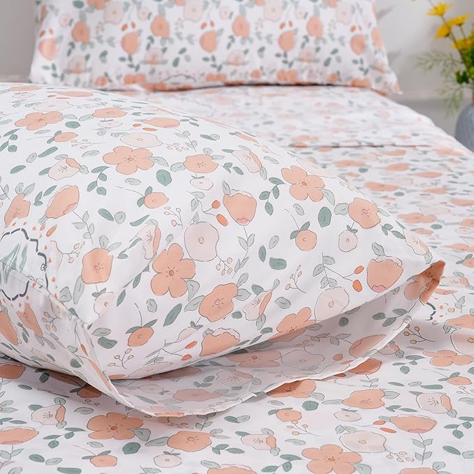 Floral Printed Twin Size Sheet Set - Silky Soft Microfiber, Wrinkle Free, and Luxurious Bed Sheets - Includes Flat Sheet, Fitted Sheet and Pillowcases - Orange, Full Size