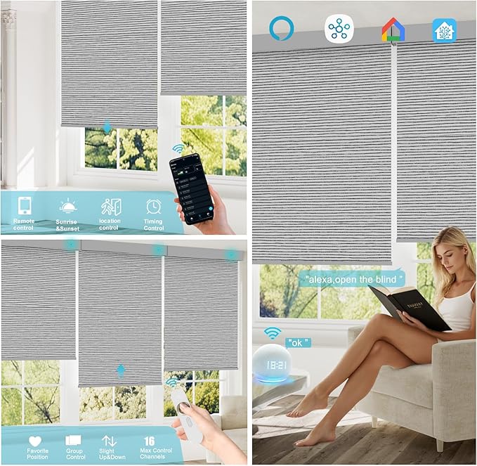 Motorized Blinds with Remote, Smart Blind Roller Shades Compatible with Alexa, Durable Rechargeable Battery Solar Power 100% Blackout Customized Size (Luxury-Silver)