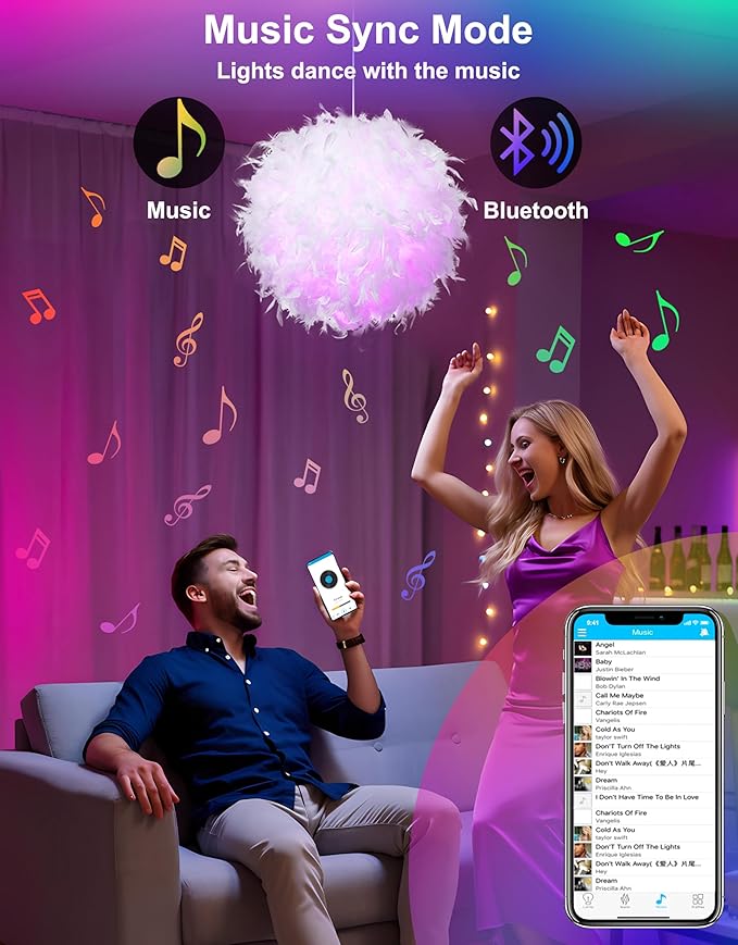 Star Vision Smart Feather Lamp with RGB Light Bulb, Built-in Bluetooth Speaker, Remote & APP Control, Fluffy Girl Room Decor, 600 Lumens, 19.7inches, White