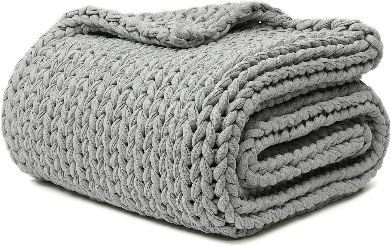 YnM Cotton Weighted Blanket, Handmade Chunky Knitted Design, Soft and Cozy, Temperature Regulating and Breathable, Machine Washable Throw for Sleep or Home Decor (Pine Green, 60x80 Inch, 25lbs)