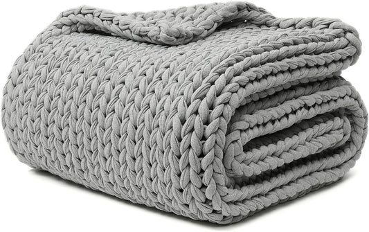 YnM 100% Cotton Weighted Blanket, Handmade Chunky Knitted Throw, No fillers Design, Soft and Breathable, Machine Washable Bed Blanket for Sleep or Home Decor (Lighte Grey, 48x72 Inch, 20lbs)