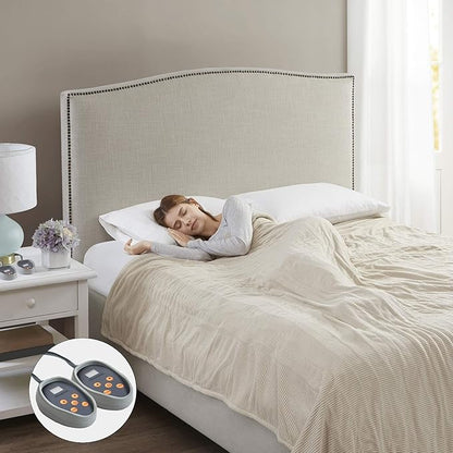Beautyrest Electric Blanket Luxurious Micro Fleece Ultra Soft Ribbed Textured, Cozy and Snuggly Cover for Cold Weather, Fast Heating, Auto Shut Off, 20 Level Heat Setting Controller, King, Beige