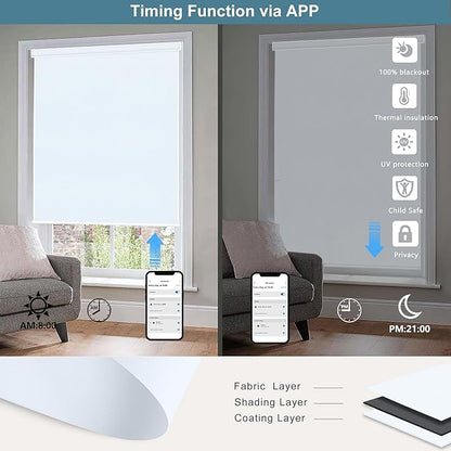 Bringnox Motorized Blinds with Remote,100% Blackout Smart Roller Blinds Compatible with Apple Homekit Google Home and Alexa Via HUB,and Customized (Vinyl White-12)