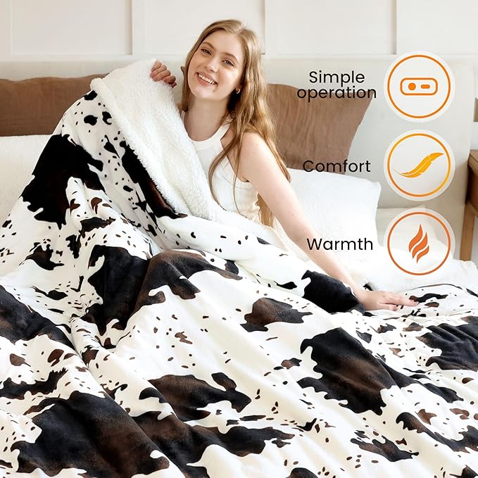 Heated Blanket King Blanket - Fast Heating Electric Blanket, Soft Flannel Heated King with 4 Time Settings,10 Heating Settings, Warm Gifts for Women & Mom & Grandma(90"x100"Cow Print White)