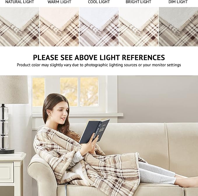 Beautyrest Wearable Electric Poncho Wrap Blanket, Ultra Soft Sherpa & Berber Fleece Heated Throw, UL Certified & OEKO-TEX, 3 Heat Settings & 2 Hour Auto Shutoff, Gift-Ready, 50" x 64", Tan Plaid