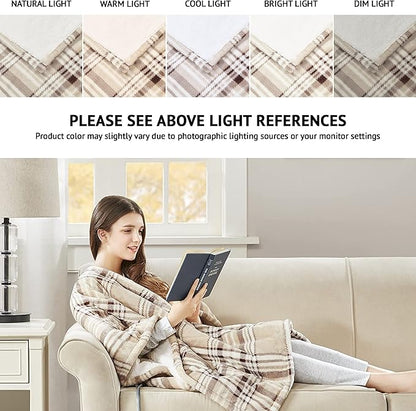 Beautyrest Wearable Electric Poncho Wrap Blanket, Ultra Soft Sherpa & Berber Fleece Heated Throw, UL Certified & OEKO-TEX, 3 Heat Settings & 2 Hour Auto Shutoff, Gift-Ready, 50" x 64", Tan Plaid