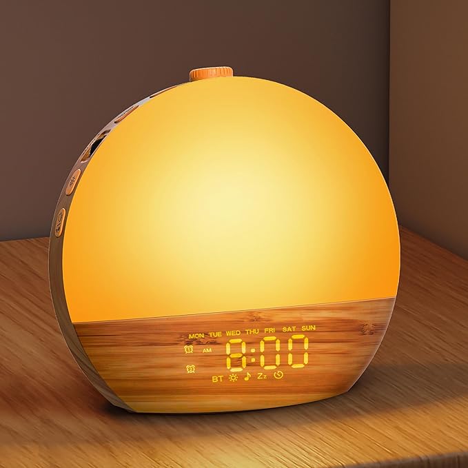 Wood Grain White Noise Sound Machine Sunrise Alarm Clock with 25 Soothing Sounds, 17 Dimmable Night Lights, Bluetooth Speaker Wake Up Light alarm clocks for bedrooms, Heavy Sleepers, Baby, Kids