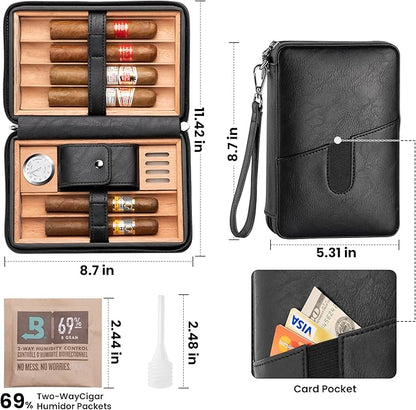 Cigar Humidor, Leather Cedar Wood Cigar Case with Multi-Functional，Hygrometer,Humidifier, Portable Cigar humidor,Carry Strap,Travel humidor Cigar Box, Cigar Gift for Man.